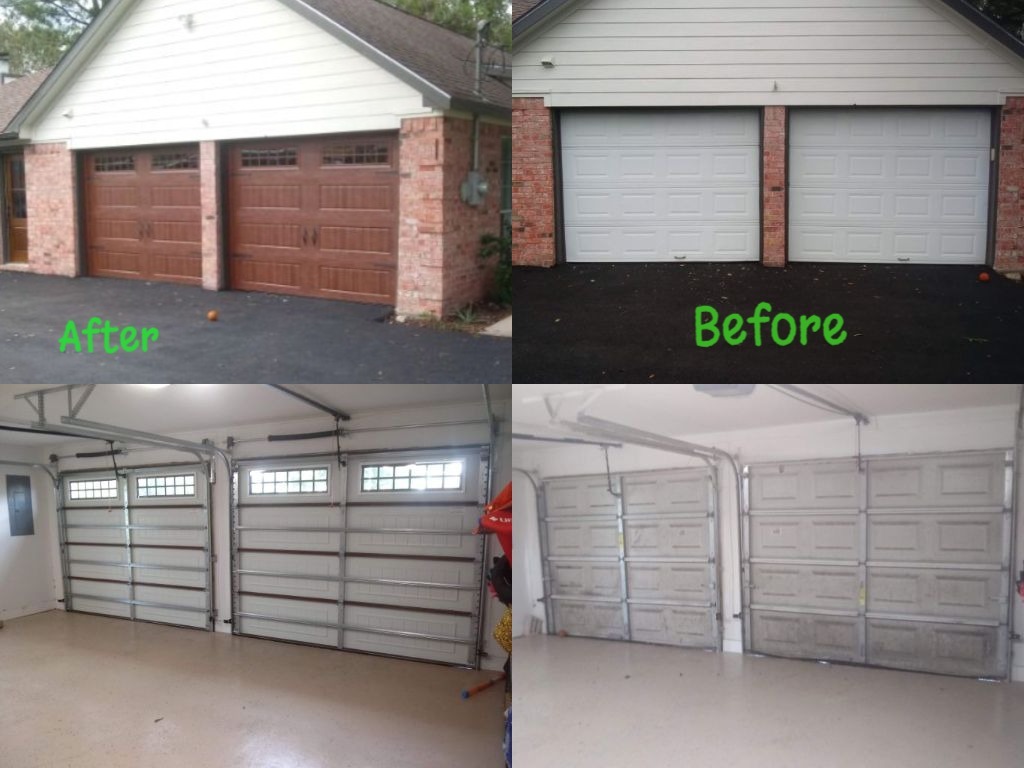 Before and after faux wood garage door